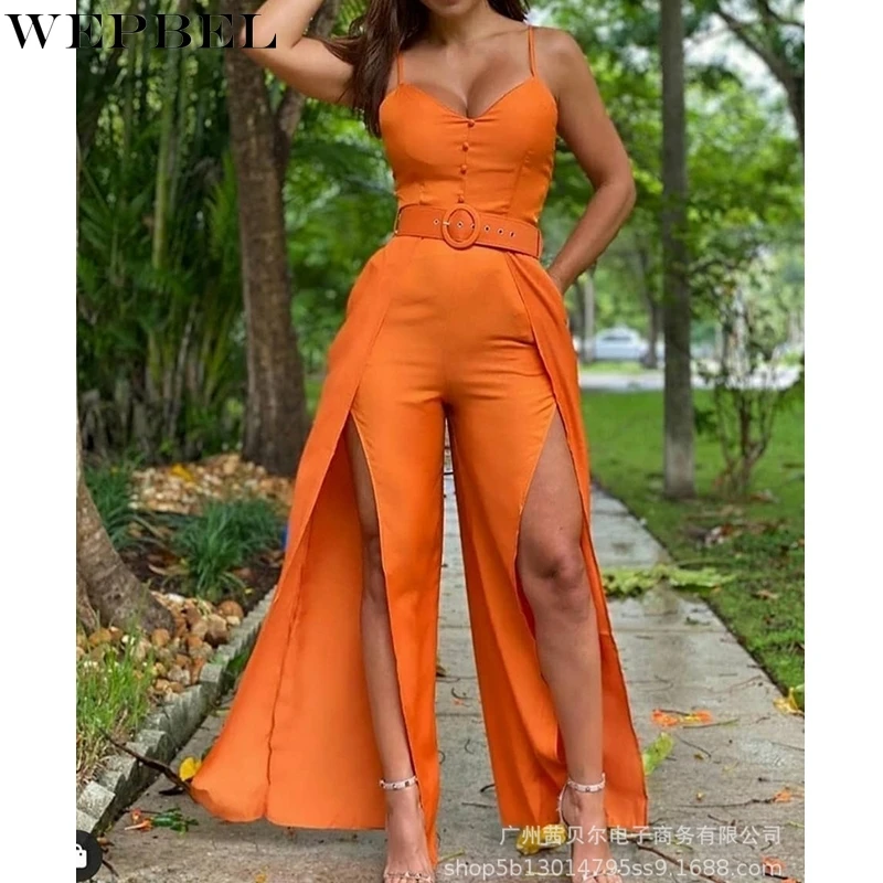 

Женский комбинезон на бретелях WEPBEL, однотонный Облегающий комбинезон с V-образным вырезом и широкими штанинами, Лето Комбинезоны с разрезам...