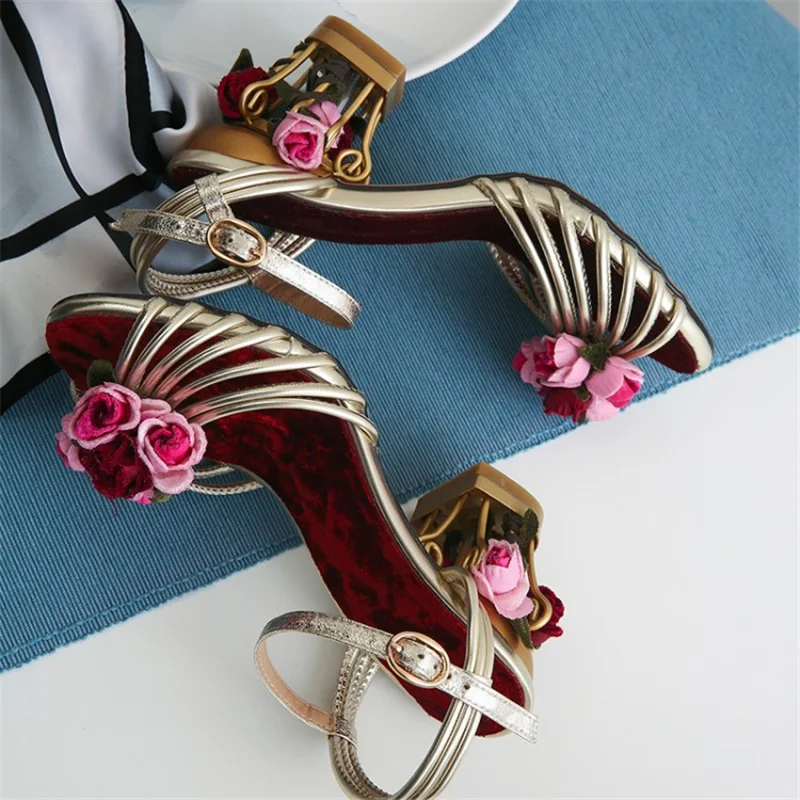 Women Sandals Summer Retro Flower Sweet Princess Hollow Fashion Open-toed Birdcage With Women Shoes Buckle Sexy Zapatos De Mujer
