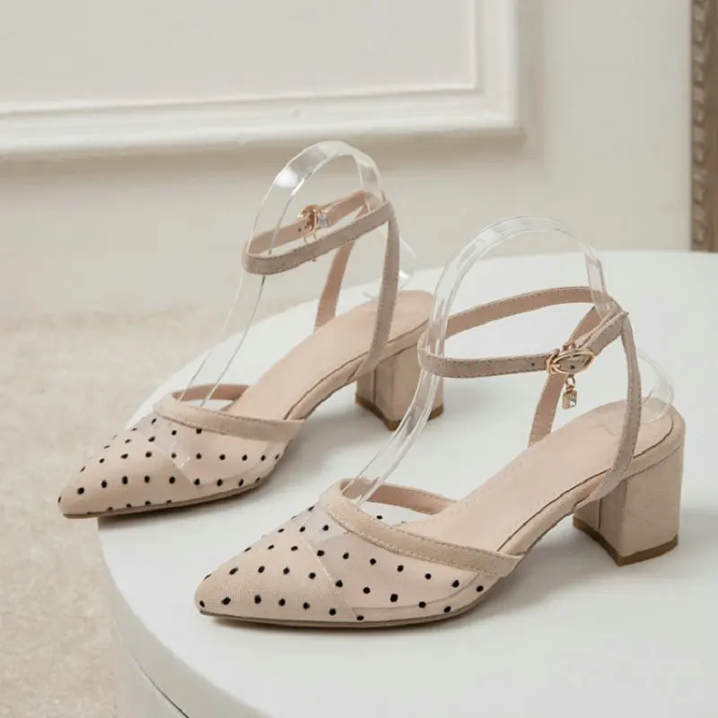 

Sianie Tianie summer polka dot air mesh net fashion woman's block 6cm high heels branded beauties women sandals plus size 33-43