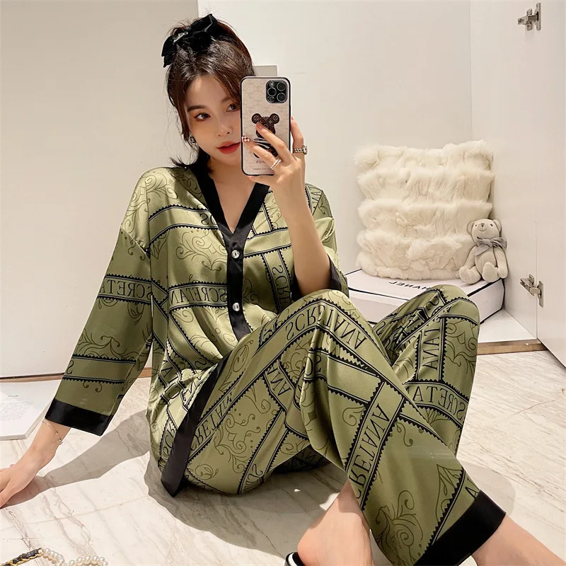 

QWEEK Silk Like Pajamas Women Striped Pijamas Letter Print Sleepwear Autumn 2 Piece Female Set Pyjamas Vintage Green Loungwear