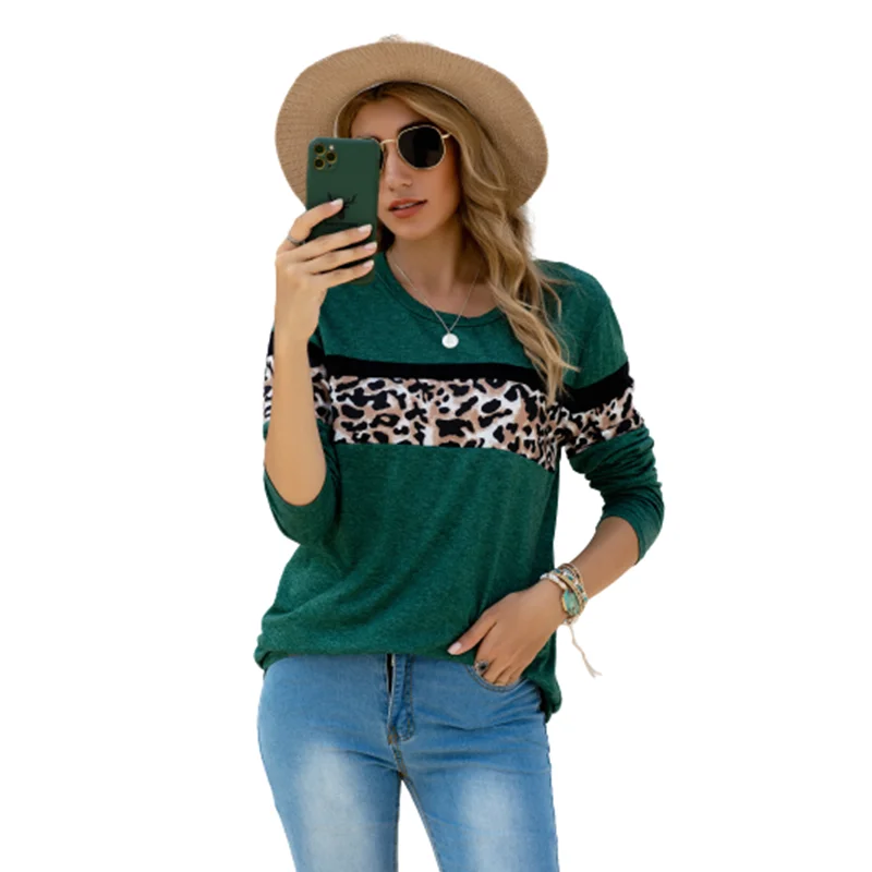 

Leopard Print Casual T shirt Women Autumn Patchwork Long Sleeve T-shirt Round Neck Cotton T-shirts Plus Size Women Chic Tops