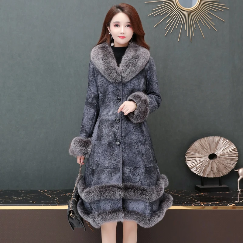 

2021 New Winter Leather Fur Clothing Double Face Fur Overcoats one piece coat Women's Long Slender Fox Fur Collar Fur Cuff Strim