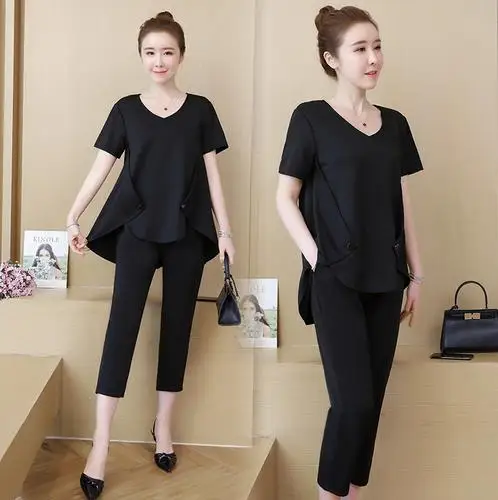 Женский костюм большого размера комплект из 2 предметов короткий топ и штаны 2019