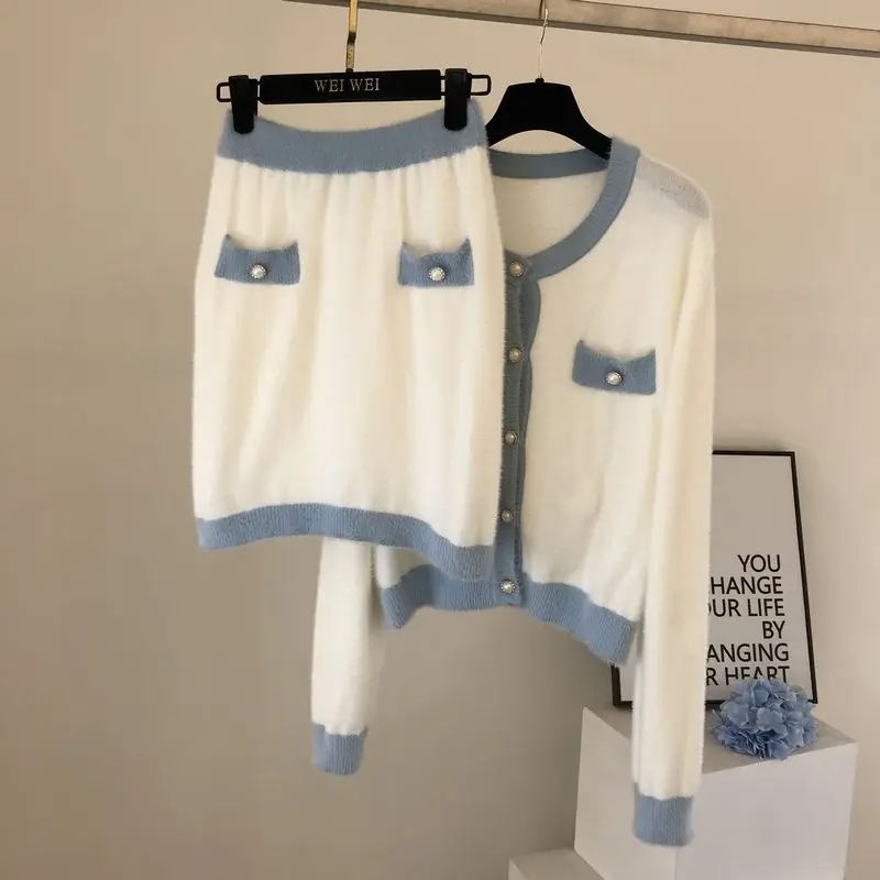 

2020 Fall Spring Hit Color Knitted Two Piece Set Women New Fashion Long Sleeve Sweater Cardigan + High Waist Pencil Skirts