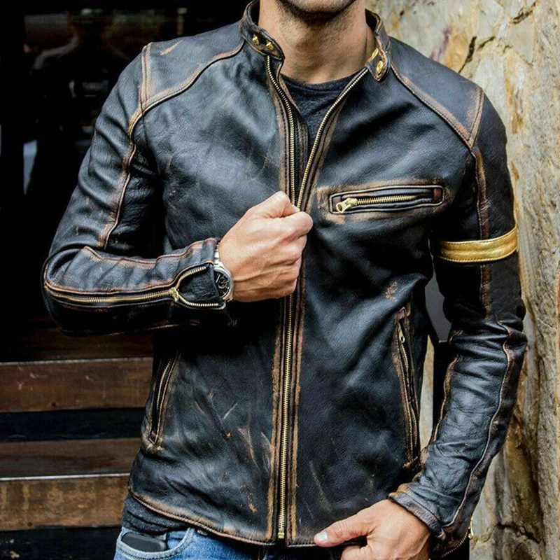 

Мужская мотоциклетная кожаная куртка, повседневная куртка-бомбер из искусственной кожи, с воротником-стойкой, в стиле ретро, Байкерская вер...