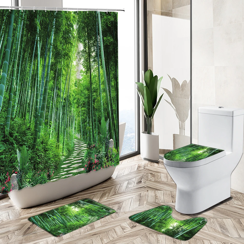 Miglior Green Leaf Bamboo Forest Landscape Set Di Tende Per Doccia Primavera Pianta Scenario Bagno Vasca Da Bagno Antiscivolo Piedistallo Tappeto Copriwater