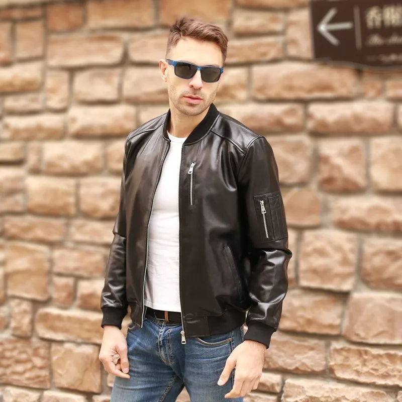 Мужская летная куртка из натуральной овечьей кожи черная облегающая пилот на