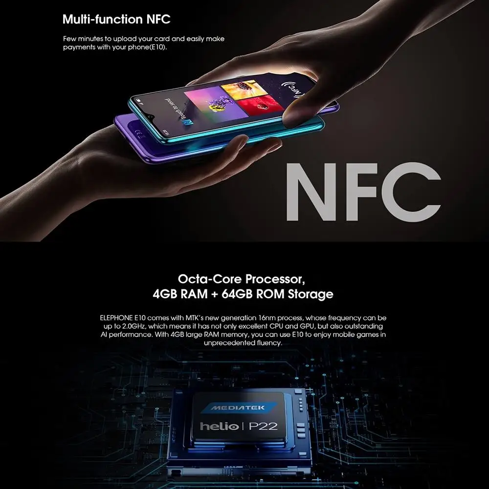 ELEPHONE E10 Mobile Phone 6.5&quot Helio P22 Octa Core Android 9.0 4GB+64GB 48MP Rear Camera 4G Smartphone 4000mAh NFC Cellphone | Мобильные