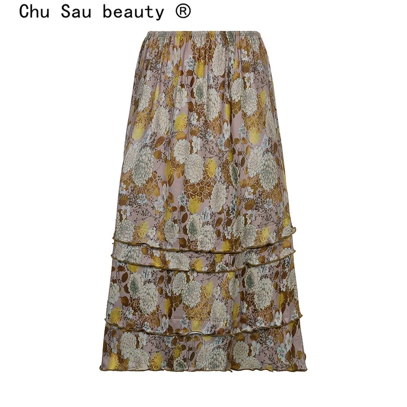 

Юбка Женская средней длины с цветочным принтом, модная винтажная Повседневная шикарная трапециевидная юбка с оборками, в праздничном стиле...