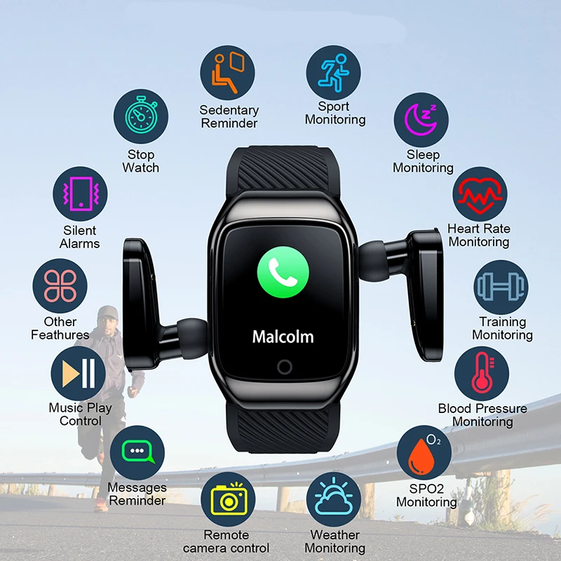 

smartwatch that houses its earbuds Multifunctional men's and women's smart watch music control watch Bluetooth headset two in on