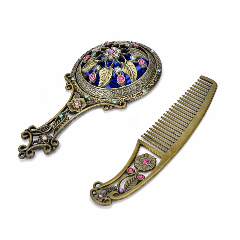 

2PCS Bronze Handheld Mirrors Hollow Cosmetic Compact Mirror Comb Set Gift Box