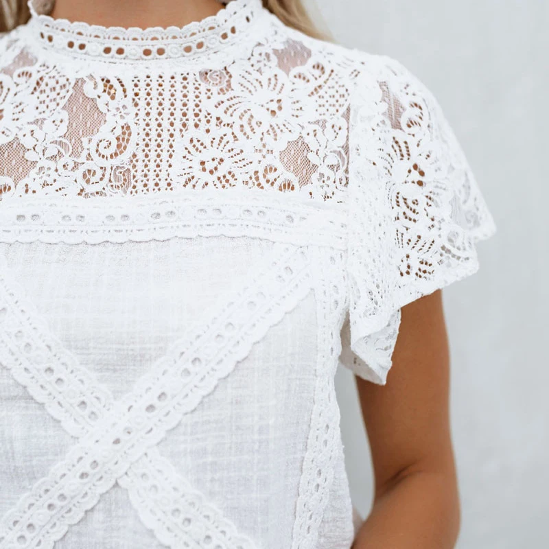 

Fashion Women Sexy Short Sleeve Cotton Blend + Lace Hollow Out Tops Blouse Summer Tops Casual Elegant White Shirt Blouses