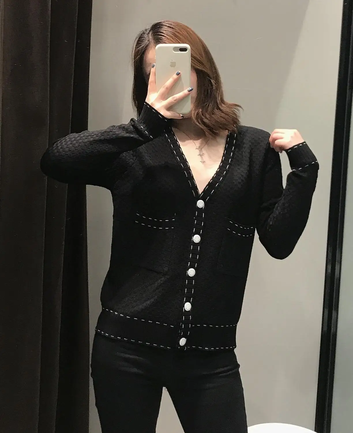 black coat MUMUZI, свитер, кардиган, осень, однотонный вязаный свитер, свободный, v-образный вырез, вязаные куртки, женские с карманами - Цвет: black coat
