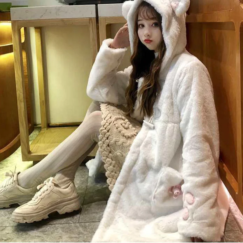 

Sweet Girly Lolita Coats Women`s Japanese Winter Kawaii Outwear Warm Soft Plush Cartoon Anime Cute Cat Ears Hooded Jackets New