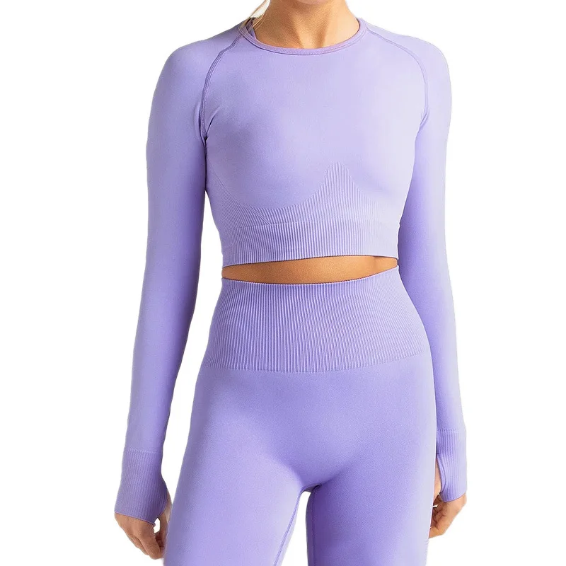 

Seamless Long-Sleeved Woman Knitted Round Neck Solid Preppy Style Thermal Skinny Yoga Dance Workout Clothes Sportswear Female