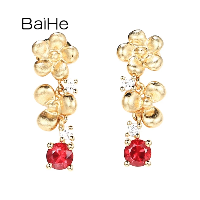 

BAIHE Solid 14K Yellow/Rose Gold 0.24ct Round Ruby Earrings Diamonds Trendy Wedding Gift Fine Jewelry Flower Stud Earings Women