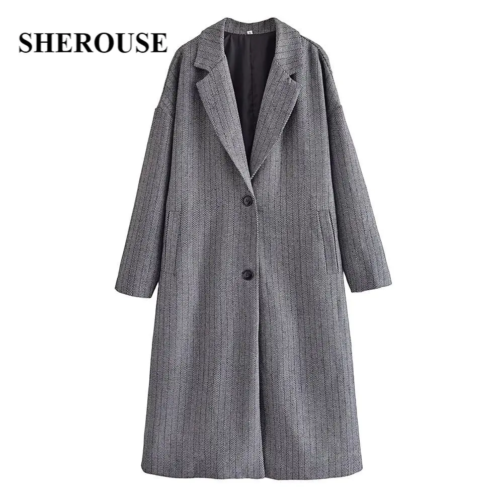 

Sherouse Women Fashion Tweed Gray Single Breasted Long Straight Coat Long Sleeves Lapel Collar Female Winter Warm Outwear
