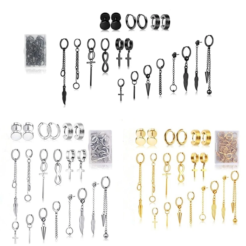 

20Pc Stainless Steel Huggie Hinged Hoop Earrings Kit Kpop Korean Fashion Jewerly 83XF