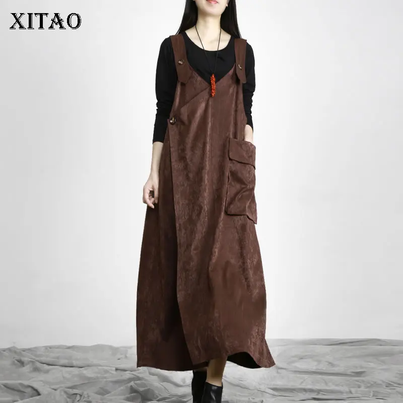 

XITAO Vintage Solid Color Suspenders Dress Fashion Asymmetrical Patchwork Pocket 2021 Autumn All-match New Women WMD2916