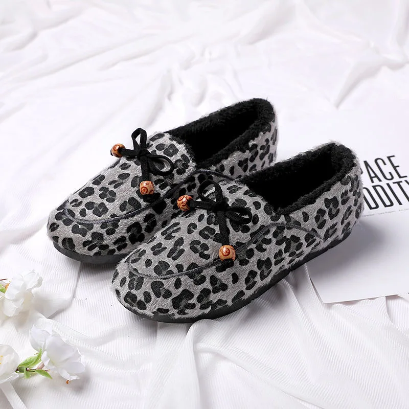 

Peas Shoes Women's Winter 2021 Fur Shoes Soft Sole Plus Velvet Leopard Print Cotton Shoes Plus Velvet One Pedal Cotton Shoes