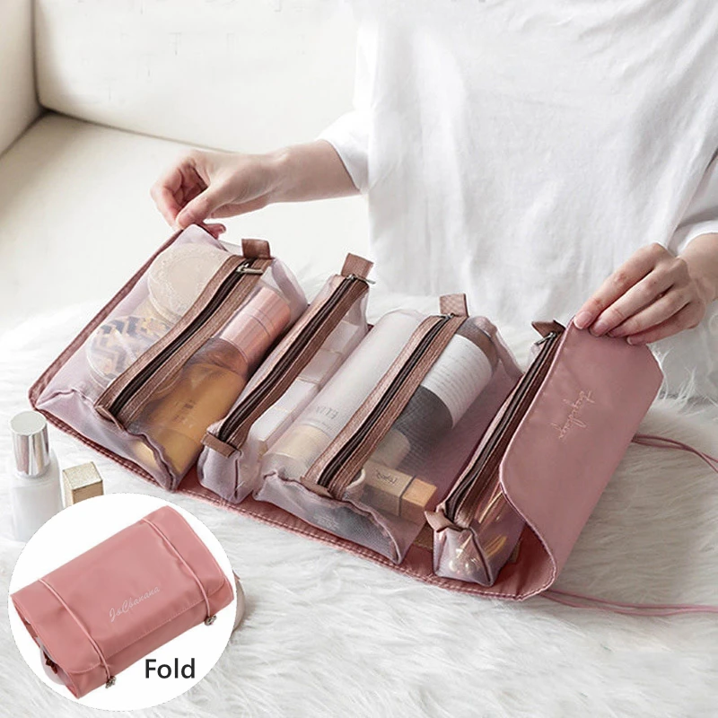 

Floridliving 4 in 1 Foldable Cosmetic Bag Travel Organizer Hanging Nylon Mesh Separable Makeup Bag Rope Storage Toiletry Pouch