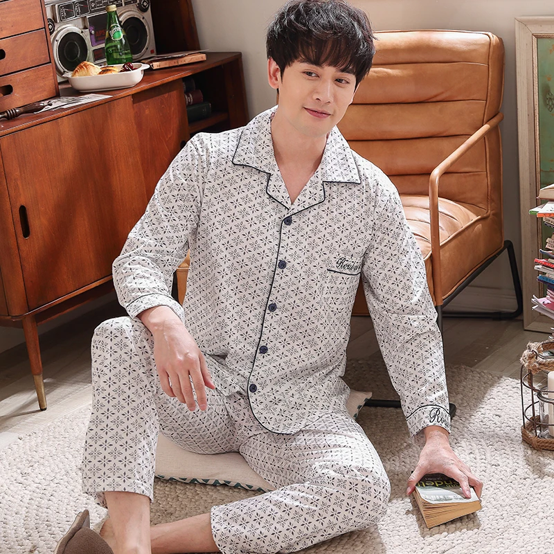 Весенняя Хлопковая мужская пижама в полоску, Длинный топ и брюки, комплект из двух предметов, Мужская пижама, размеры до 4XL, Мужская одежда дл... от AliExpress RU&CIS NEW