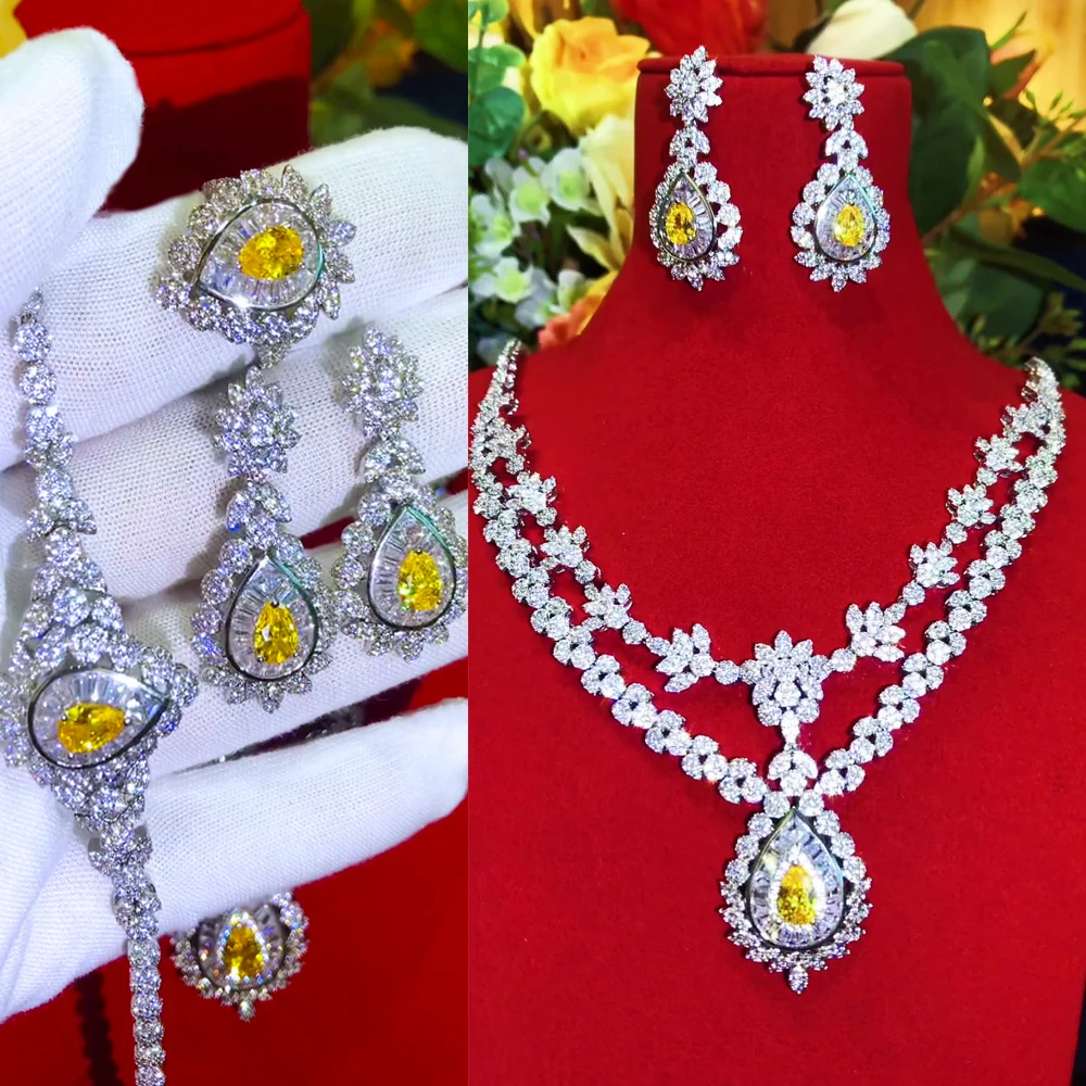 

missvikki 4PCS Luxury Shiny Yellow Mixed Big Statement Jewelry set For Women Wedding Cubic Zircon African Dubai Bridal Jewelry