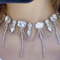 ins luxury rhinestone big stone bowknot long tassel chain choker necklace for women shiny crystal choker collar accessories gift