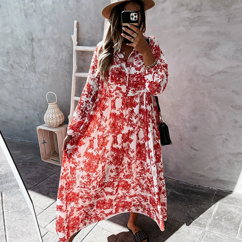 

Women Turn Down Collar Belt Full Sleeve Dress Casual Summer Printing Loose Dress Female Outdoor Colorful Holiday Dress Vestidos