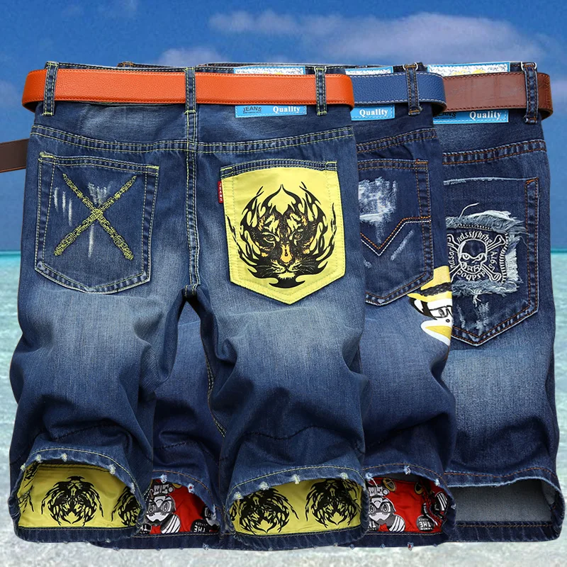 

Summer Men's Hip Hop Style Hole Denim Shorts Fashionable Men's Waist Straight Print Ankle-Length Pants