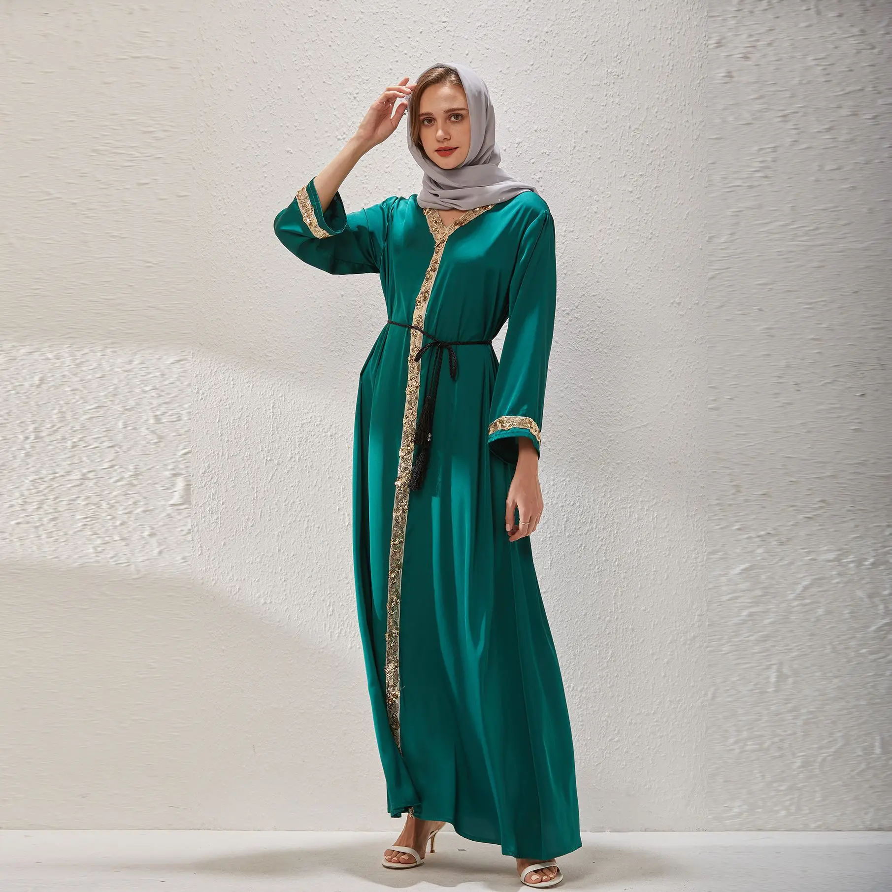 Женское мусульманское платье-кафтан, с блестками, Wy114
