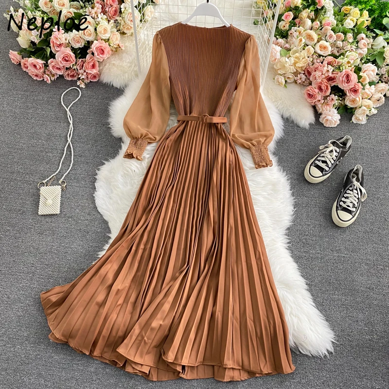 

Neploe High Waist Hip A Line Long Dress Women O Neck Pullover Long Sleeve Vestidos Spring 2021 New Slim Robe Draped Solid