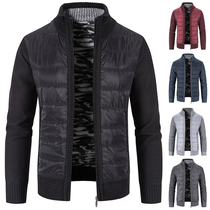 Зимнее пальто Новый мужской свитер кардиган на молнии в стиле пэчворк теплый