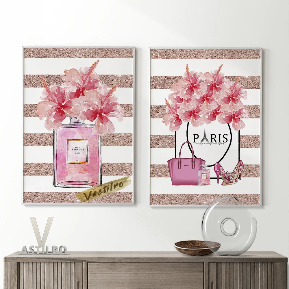 

Paris Fashion Magazine Cover Illustration Poster Girly Wallpaper Collection Art Prints Pink Flowers Modern Minimalist Home Decor