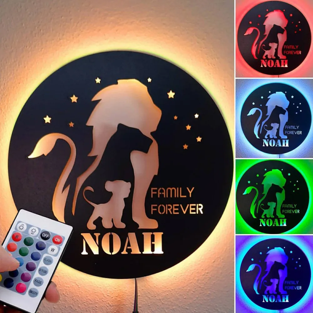 Personalized Lion Family Wood LED Lamp Adjustable Lighting with Name Decor Night Light for Home Custom Wooden Name  Wall Lights