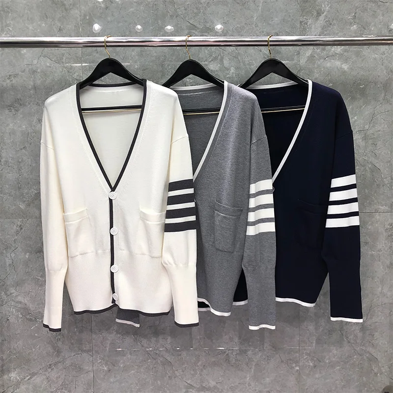 TB THOM Sweater Autunm Winter Sweater Male Fashion Brand Mosaic Stripes Merino Wool Free Size 4-Bar Milano Stitch Cardigan Coats