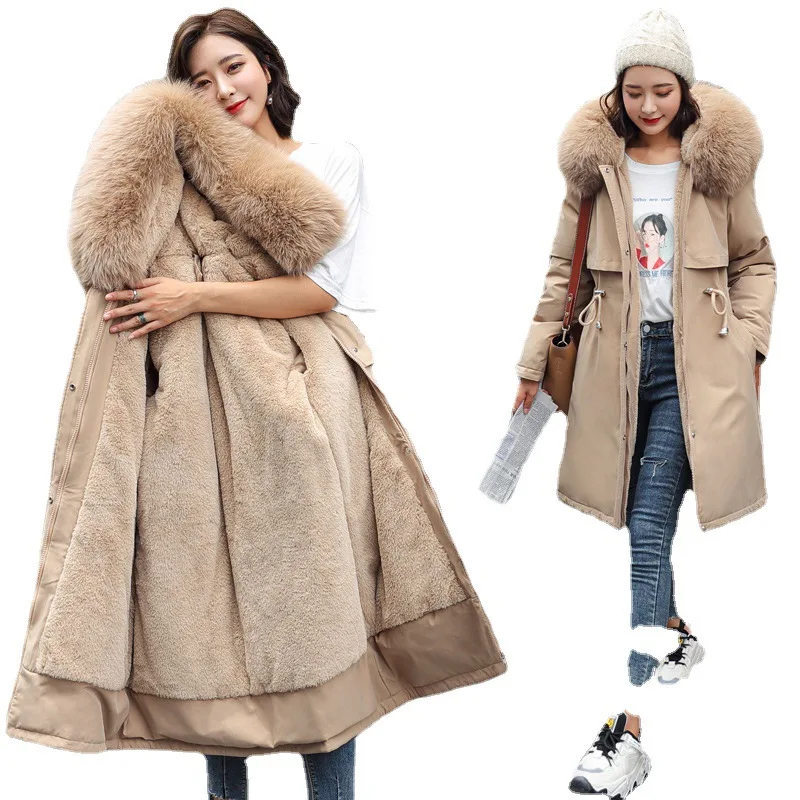

Women Parkas 2021 Winter Large Wool Collar Mid-Long Coat Women Korean Slim Fit Plush Down Cotton Jacket Coat Women