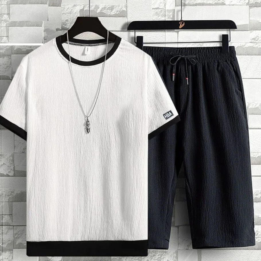

Ice silk suit men's summer loose large casual sports suit men's short sleeve Capris two piece set