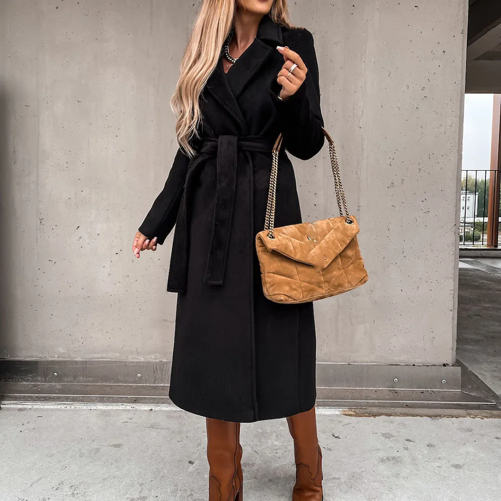 

Женское шерстяное пальто с длинным рукавом, с поясом