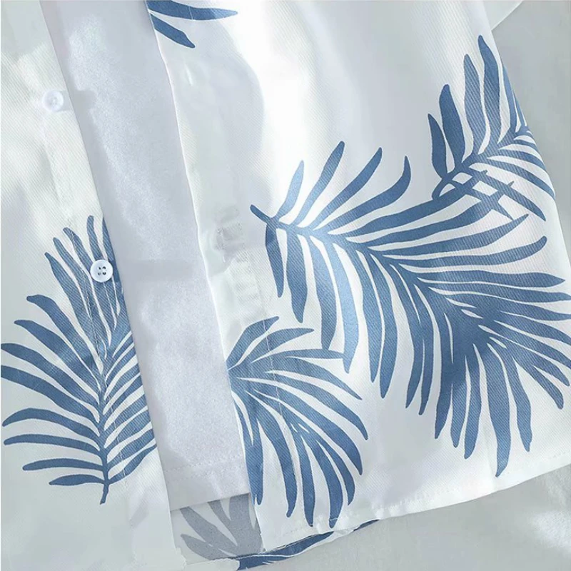 

Men Shirts Summer Leaves-printed Thin Short Sleeve Casual Loose Holiday Beach Mens Outwears Hawaii Korean Chic Breathable Trendy