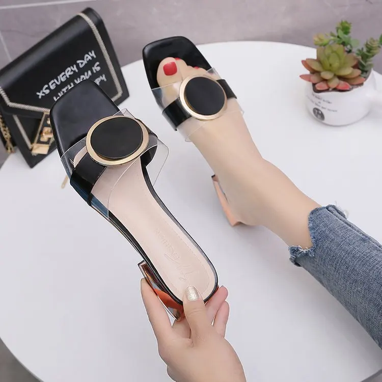2021 New Fashion Slippers Women's Low Heel Transparent Slippers Square Heel Summer All-match Women's Sandals  Shoes Woman