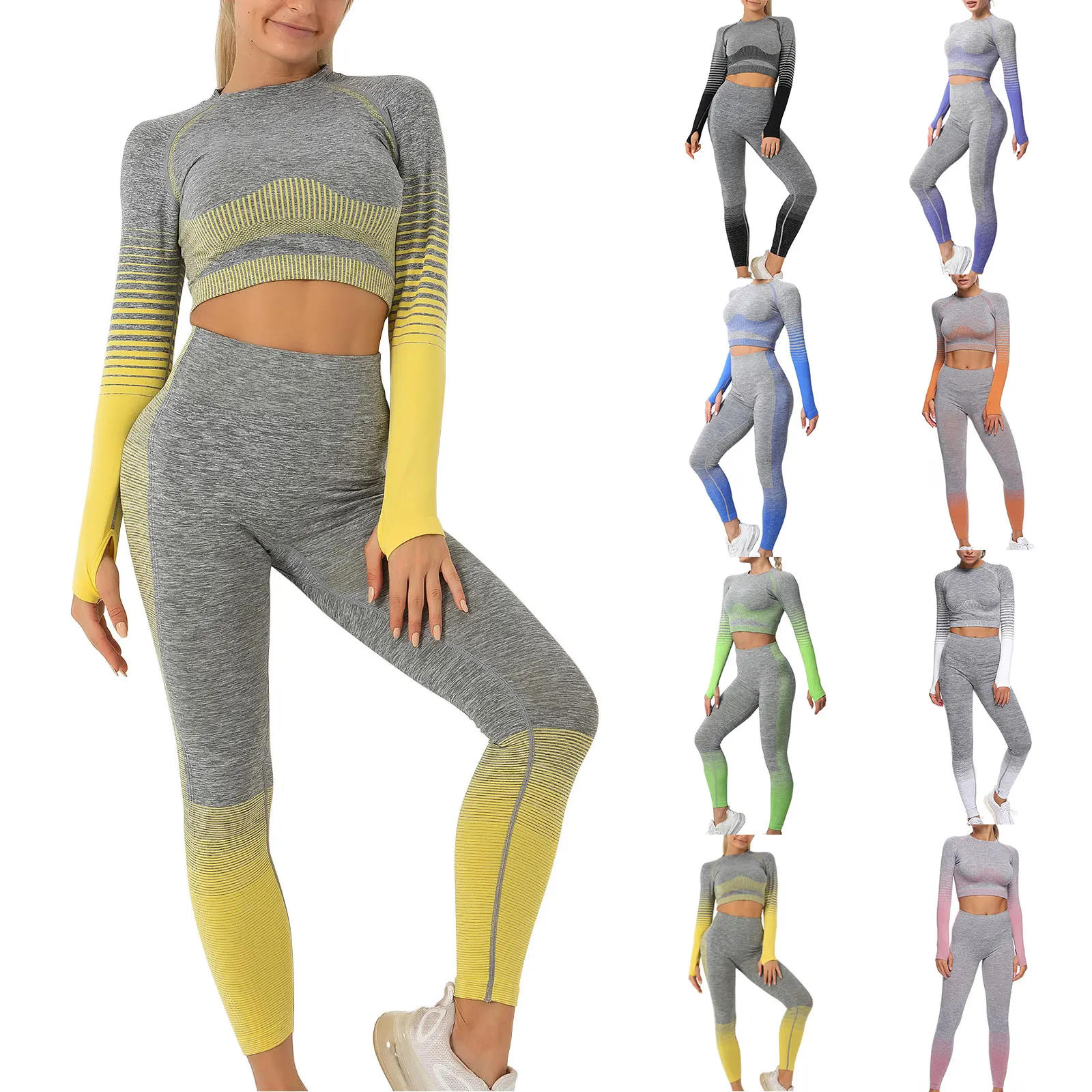 

hirigin Fashion Women's Two-Piece Yoga Tracksuit Stripe Gradient Long Sleeve Knitted Crop Tops High Waist Pants Sets for Fitness