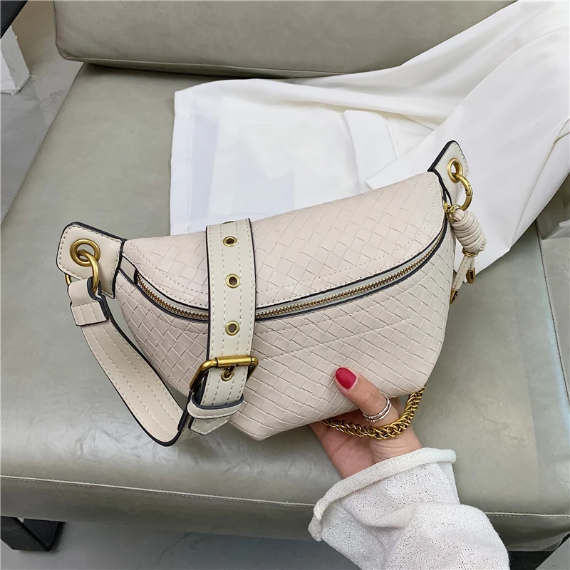 

Hot Offers Woven PU Leather Small Chest Bags For Women Famous Brand Wide Belt Chain Fanny Pack High Quality Crossbody Bags 2021