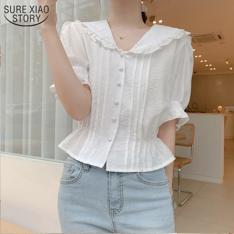 

2022 Summer Tops Button Preppy Style New Peter Pan Colla Blouses Ladies Short White Shirt Ruffles Blouse Women Clothes 10103