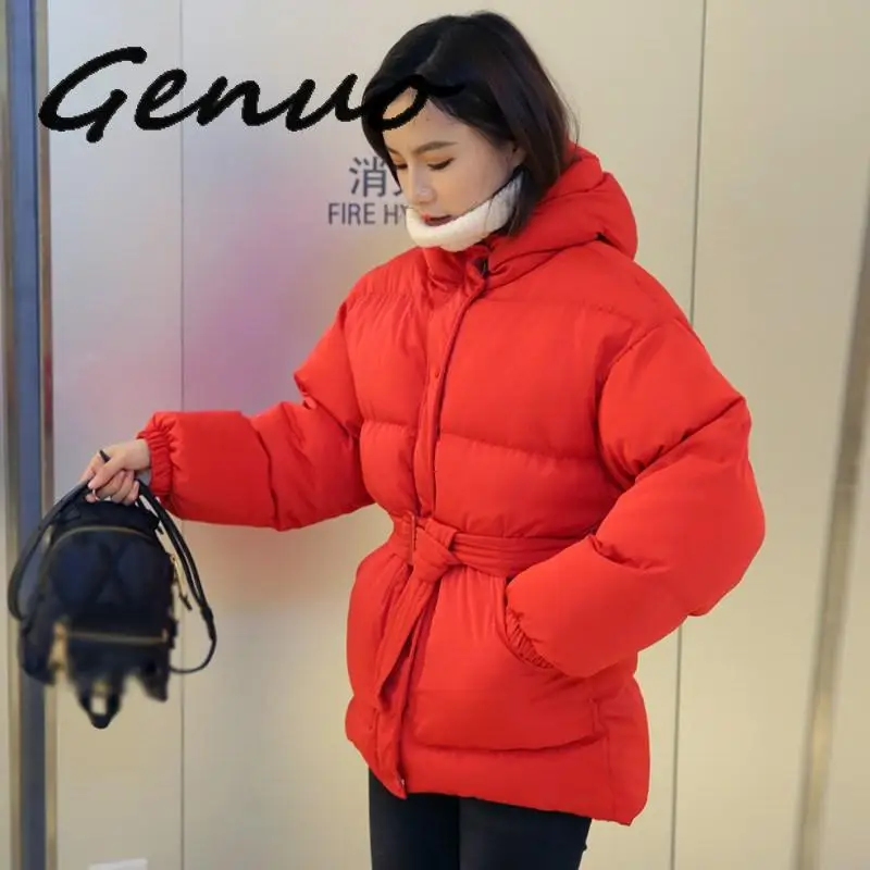 Genuo New 2019 Winter Slim Hooded Duck Down Jacket Coats Sashes Women Fashion Short Design Thickening Warm Bread Snow Outwear