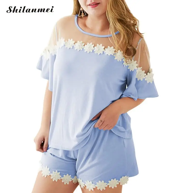 

Большие размеры, повседневные комплекты из 2 предметов для женщин, 2019 летние однотонные синие прозрачные сетчатые Лоскутные Топы и короткие...