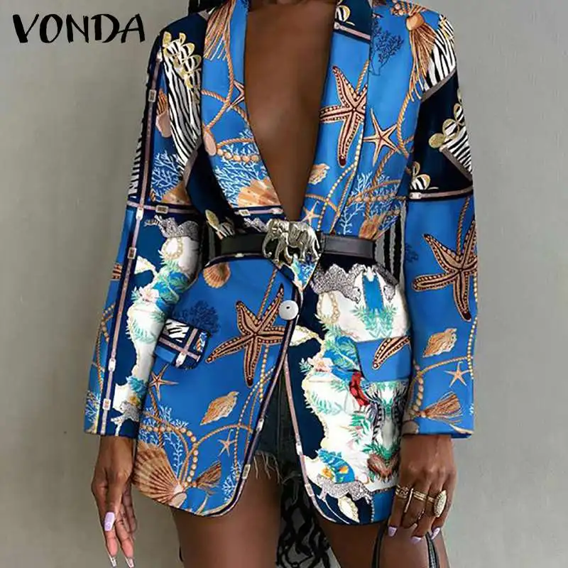 

Women Coats 2021 AVONDA Vintage Printed Office Formal Suit Blazer Casual Lapel Outerwear Veste Ladies Oversized Party Overcoats