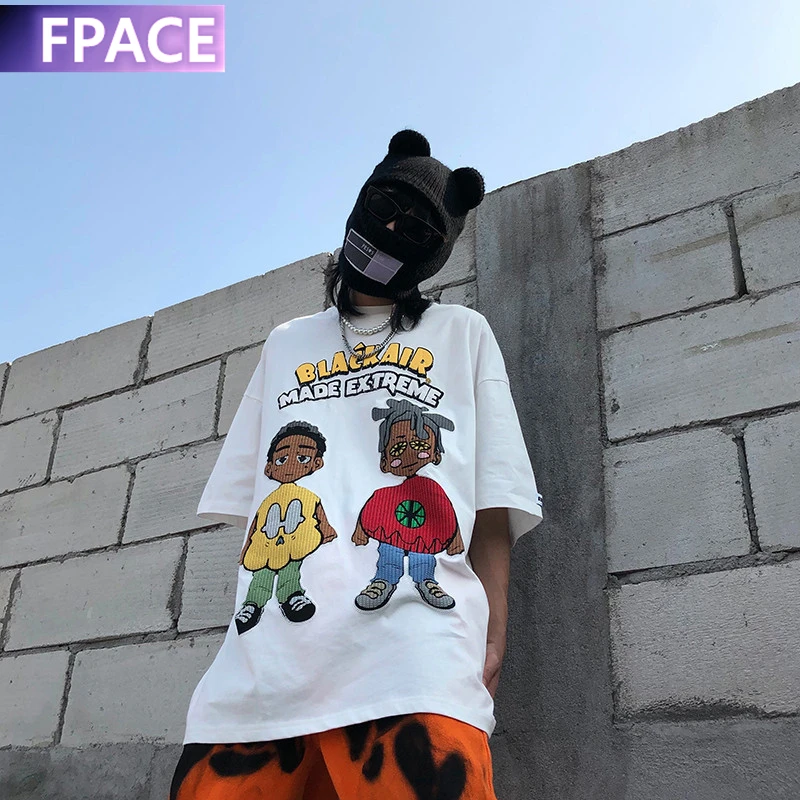 

FPACE Hip Hop Streetwear Oversize T Shirt Men Boy Skeleton Letter Print T-Shirt Harajuku Cotton Summer Short Sleeve Tshirt
