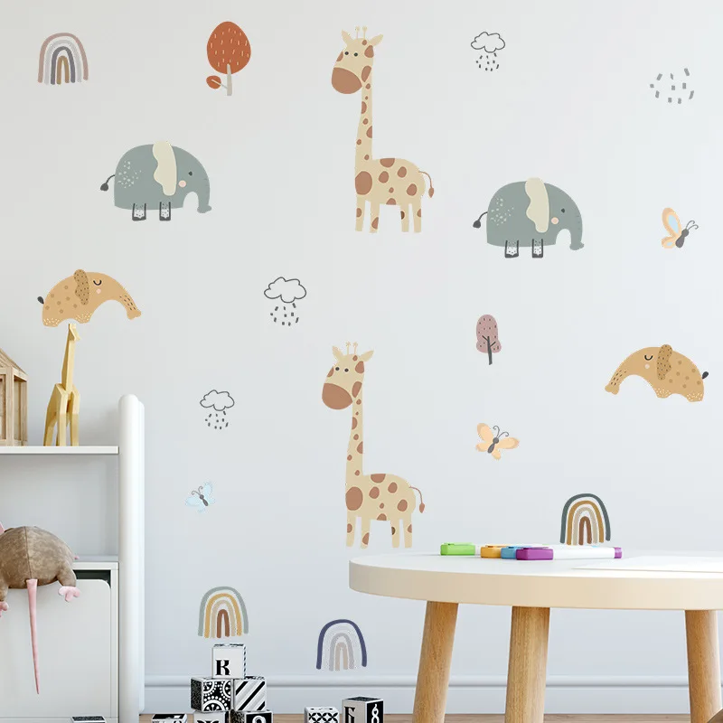Cartoon Animals Wall Stickers For Baby Kids room Children Bedroom Decor Giraffe Elephant Decals Home Wallpapers | Дом и сад