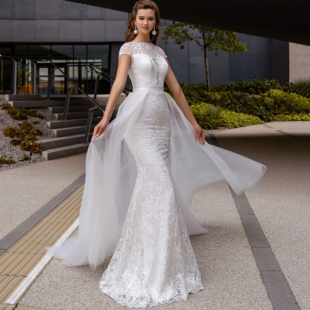 Luxury 2 in 1 Detachable Wedding Dress 2021 White Mermaid Bridal Gowns For Bride O Neck With Short Sleeves Button Back Vestidos | Свадьбы и